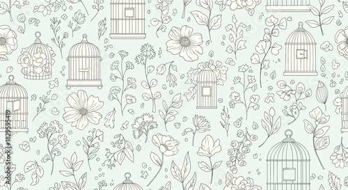 Seamless pattern with elegant vintage birdcages and delicate botanical illustrations of flowers and leaves on a soft pastel background, perfect for textile design.