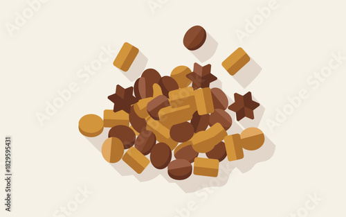 A pile of assorted dry kibble pet food with various shapes and colors