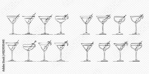 Hand-drawn sketch illustrations of various cocktail glasses with garnishes.