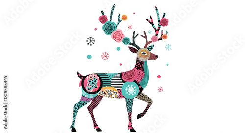 Whimsical deer with ornate, colorful patchwork patterns, floral antlers, and surrounding snowflakes on a white background.