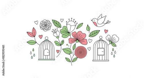 Charming hand-drawn illustration depicting a delightful arrangement of flowers, leaves, hearts, two birdcages, and a free-flying bird.