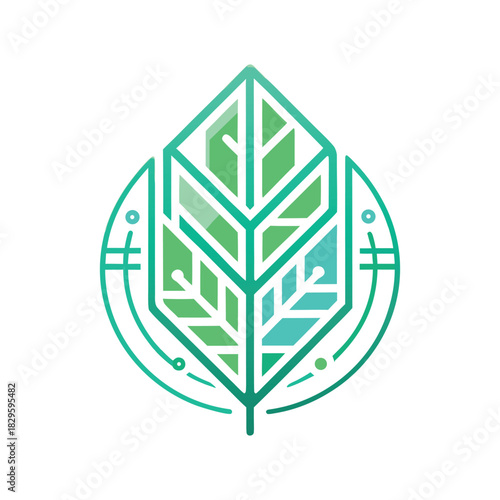 Digital leaf logo, circuit board lines and nodes, technology data and renewable energy vector icon, bio-tech and future concept.