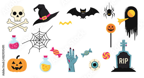 A collection of colorful and spooky Halloween-themed cartoon illustrations on a white background, perfect for holiday designs.