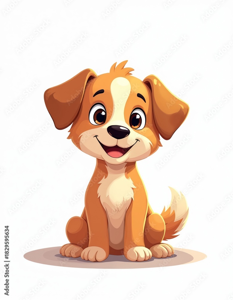 Fototapeta premium Cute cartoon dog sits on white background. Friendly puppy with happy face and big eyes looks directly at viewer. Adorable animal character for kids content.