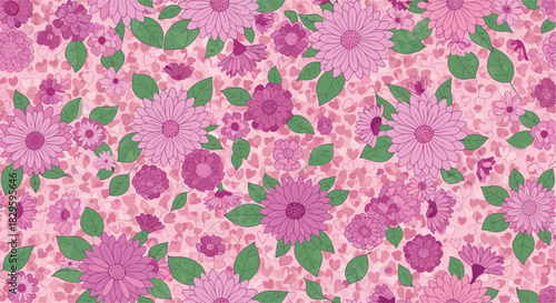 A cheerful seamless pattern featuring various pink and purple flowers with green leaves on a soft pink background filled with subtle heart shapes.