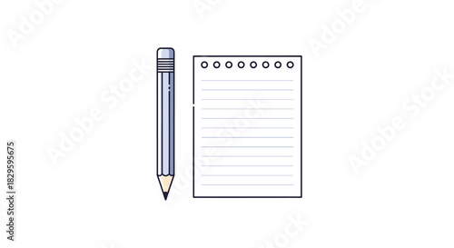 A simple flat design illustration of a grey pencil standing next to a blank lined notepad, ready for writing or taking notes.
