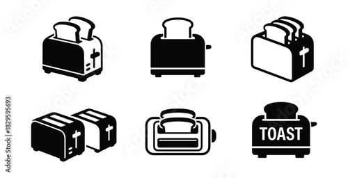 Toaster icon set in various styles with bread slices popping up indicating breakfast preparation and kitchen appliance