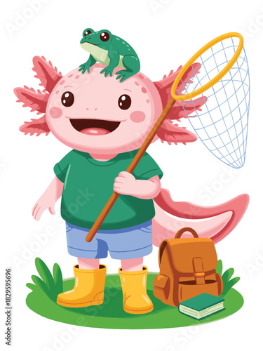 Cute Axolotl With Frog Friend, Butterfly Net, and Backpack, Illustration