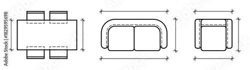 Furniture top view illustration with accurate dimensions for living room and dining room layout planning