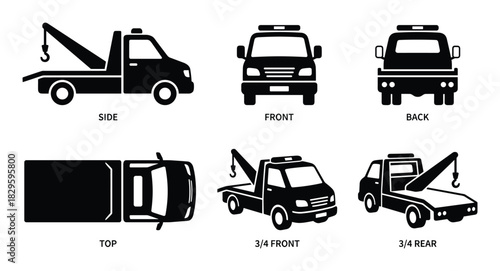 Black and white silhouette of a tow truck in different perspectives including side, front, back, top, and three-quarter angles
