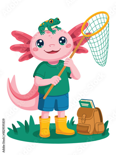 Cute axolotl character with a frog on its head and a net, ready for adventure