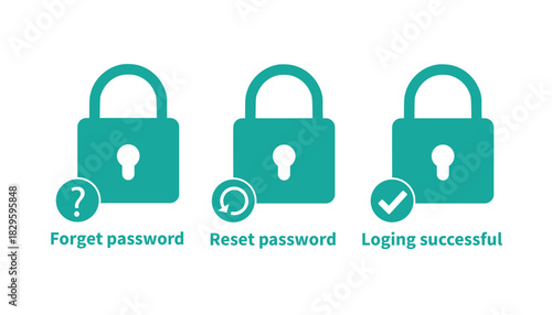 Forgot and reset password. login successful icons for privacy. Account protection. key protection. Account protection