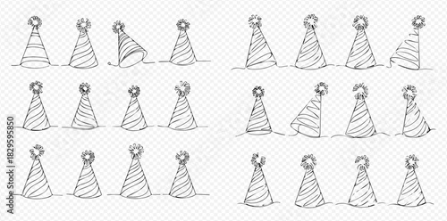 Hand-drawn sketch collection of various party hats with different stripe patterns and orientations.