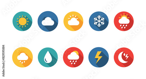 Diverse set of modern flat design weather icons showcasing different atmospheric phenomena, including sunny, cloudy, rainy, snowy, and stormy conditions.