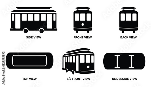 Set of simple black vector icons illustrating various views of a classic tram or trolley car for design projects