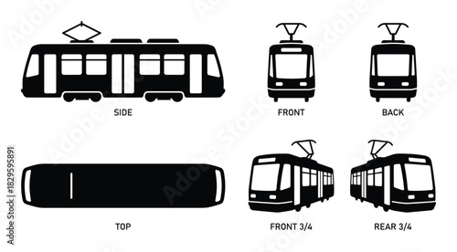 Tram views set of simple black and white vector icons showing various perspectives of a modern streetcar