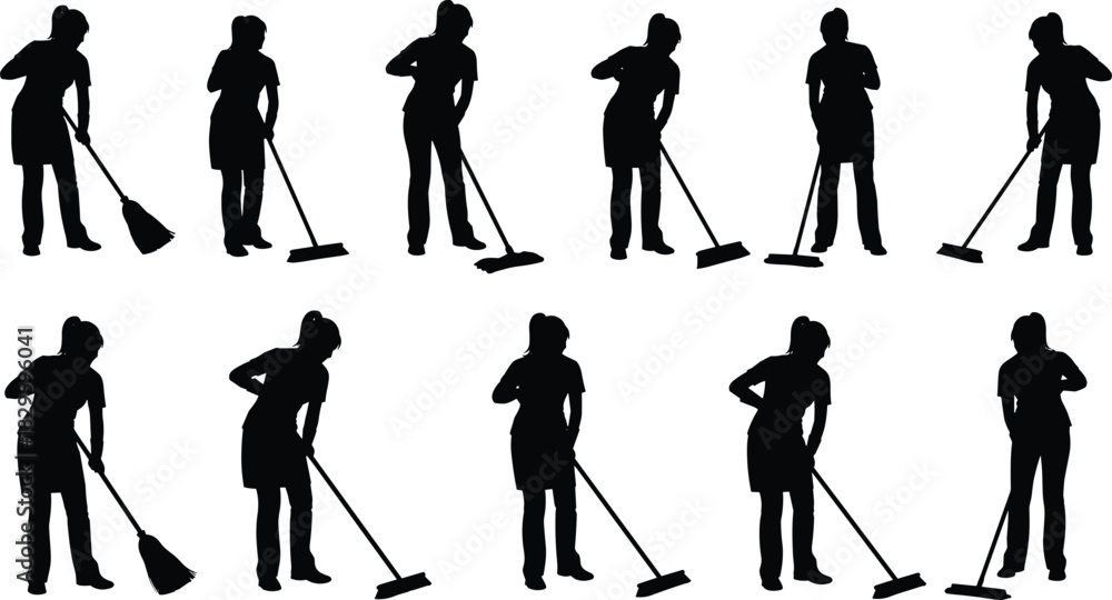 Fototapeta premium Silhouette of person sweeping and mopping, black vector illustration, cleaning poses, floor care gesture, household chore activity