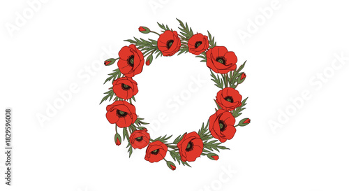 A vibrant circular wreath of red poppy flowers with green leaves and buds, beautifully illustrated against a clean white background.