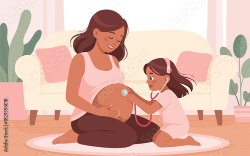A young girl uses a stethoscope to listen to her mother's pregnant belly