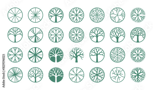 Top view of various green trees for architectural plan or landscape design elements