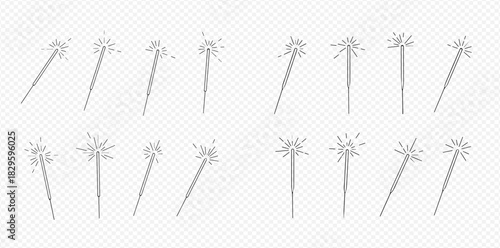 Set of realistic sparklers with glowing sparks and light effects on transparent background.