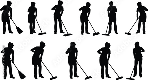Silhouette of person sweeping and mopping, black vector illustration, cleaning poses, floor care gesture, household chore activity