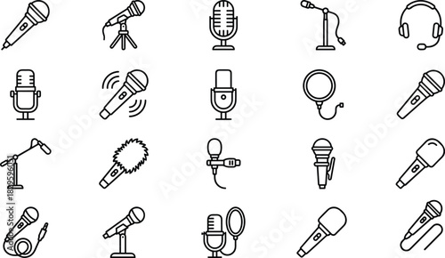Microphone icon set, audio equipment symbols, studio mic, headset, pop filter, sound wave, vector pack for broadcasting design