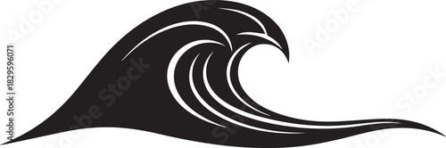 A stylized black and white illustration of a rolling ocean wave with detailed curves and lines.