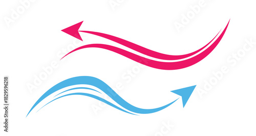 Set of two abstract horizontal arrows in pink and blue colors on a white background, vector graphic element