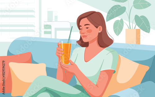Woman Relaxing on Sofa with Refreshing Orange Juice, Healthy Lifestyle