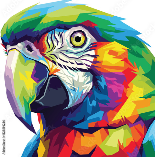 Colorful vector portrait of a tropical macaw parrot head in a vibrant pop art style, isolated on a white background