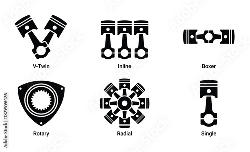Collection of engine types including v-twin, inline, boxer, rotary, radial and single cylinder designs