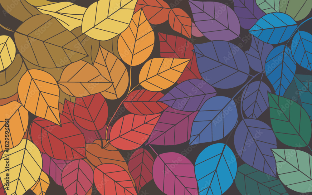 Naklejka premium Colorful abstract leaves pattern with rainbow gradient and dark background