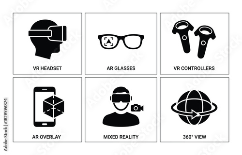 Augmented reality and virtual reality technology icons vr headset ar glasses and 360 view symbols