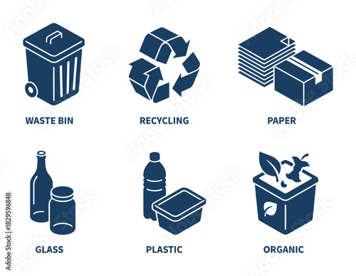 Set of waste management icons in dark blue featuring bins for waste, recycling, paper, glass, plastic, and organic materials