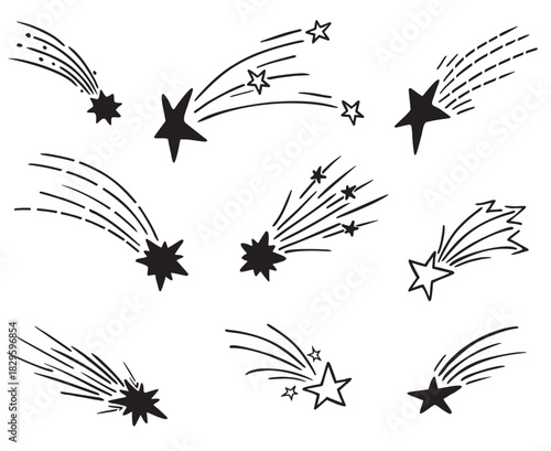 Shooting stars icons. Sky shooting stars with trails. Flying star with comet tail, set of falling star with trails. hand drawn illustration isolated on white
