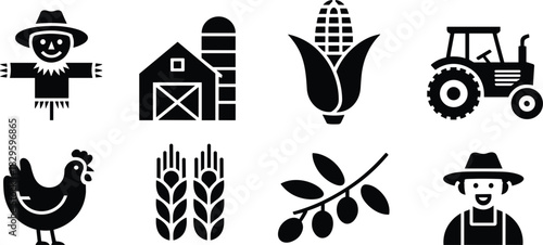 Agriculture and Farming Glyphs Vector Icon Set, Scarecrow, Barn, Corn, Tractor, Chicken, Wheat, Farmer, Olive Branch Graphic Symbol