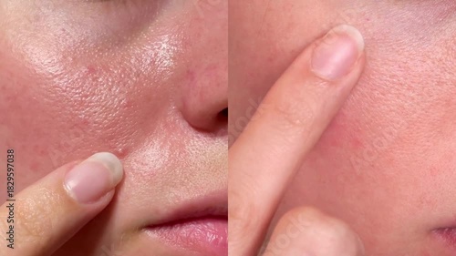Macro close-up of real facial skin texture, pores and redness with finger touch. Ideal for skincare, dermatology, cosmetic products, before-after comparison and beauty industry visuals.