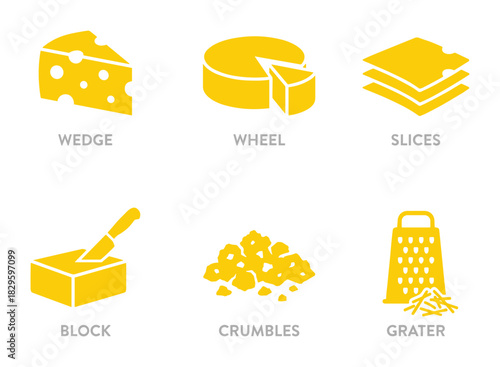 Cheese types yellow icon set different forms of dairy product for culinary use