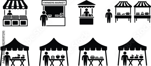 Farmers Market Stalls Vector Icon Set, Vendor Booths, Produce Tents, Agriculture Black Silhouette Pictograms, Local Food Retail Graphic Design