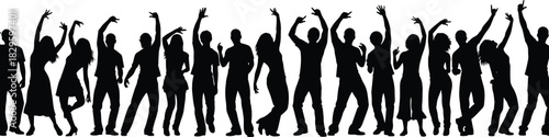 Crowd of Diverse Men and Women Dancing at a Party or Club Event, Black Silhouette Vector Illustration with Hands Raised in Celebration