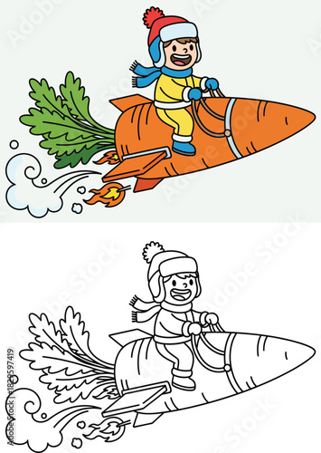 Happy boy riding giant carrot rocket in winter sky Vector illustration of cute kid imagining space travel with vegetable with black and white outline for coloring book page.