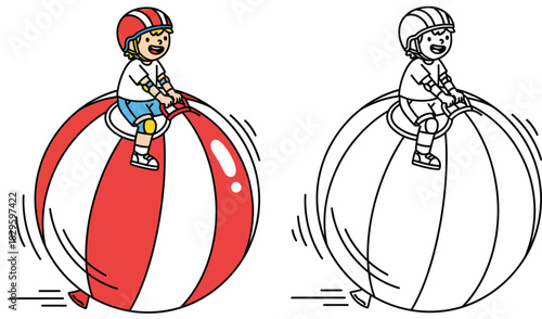 Happy boy riding giant red balloon ball with safety helmet Vector illustration of kid playing with black and white outline for coloring book page.