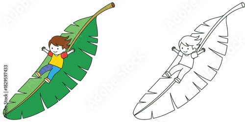 Happy little boy sliding down a giant green banana leaf Vector illustration of cute kid playing with black and white outline for coloring book page.