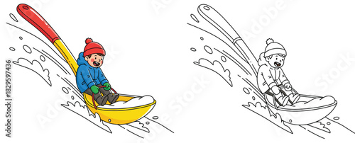 Happy boy sliding on giant spoon in snow Vector illustration of winter sledding fun with black and white coloring book page outline.
