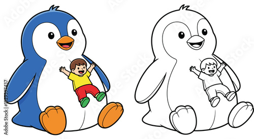 Happy little boy sliding on giant blue penguin belly Vector illustration of cute kid playing with animal with black and white outline for coloring book page.