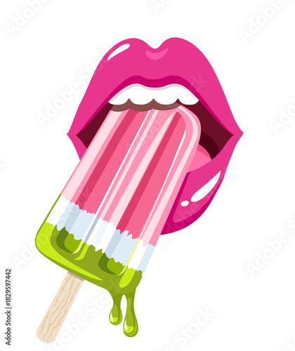 Colorful human lips bite appetizingly sweet cold dessert melting in hot summer. Girl open mouth and eats ice cream. illustration  in cartoon outline style for t shirt design or sticker