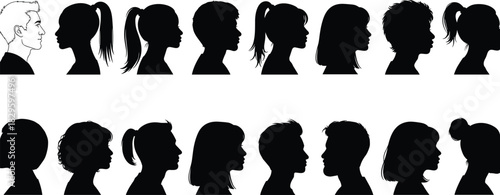 Diverse vector silhouettes, male and female profile heads, side view outline set, teenagers, adults, portrait, avatar, people, b