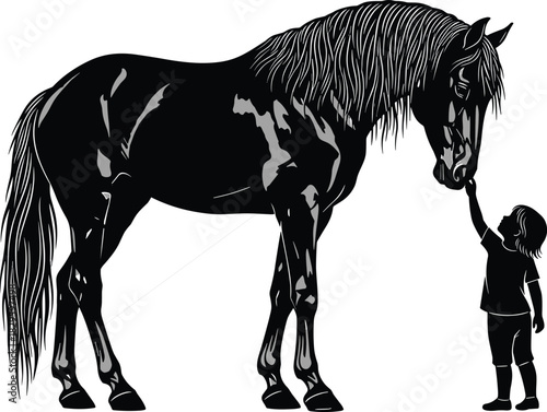 Silhouette of child touching horse face, black vector illustration, animal trust, gentle interaction, outdoor bond, peaceful moment