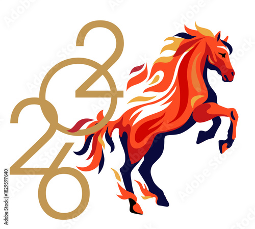 Fiery horse isolated on a white background. Year of the horse with burning fire concept on a white background. New year 2026